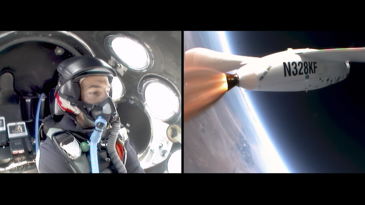 Synced split screen of Brian Binnie flying SpaceShipOne under rocket power